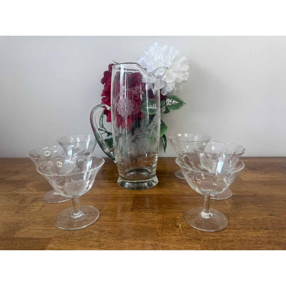 Vintage Etched Cornflower‎ Glass Pitcher and Cocktail Glasses Set Floral Barware